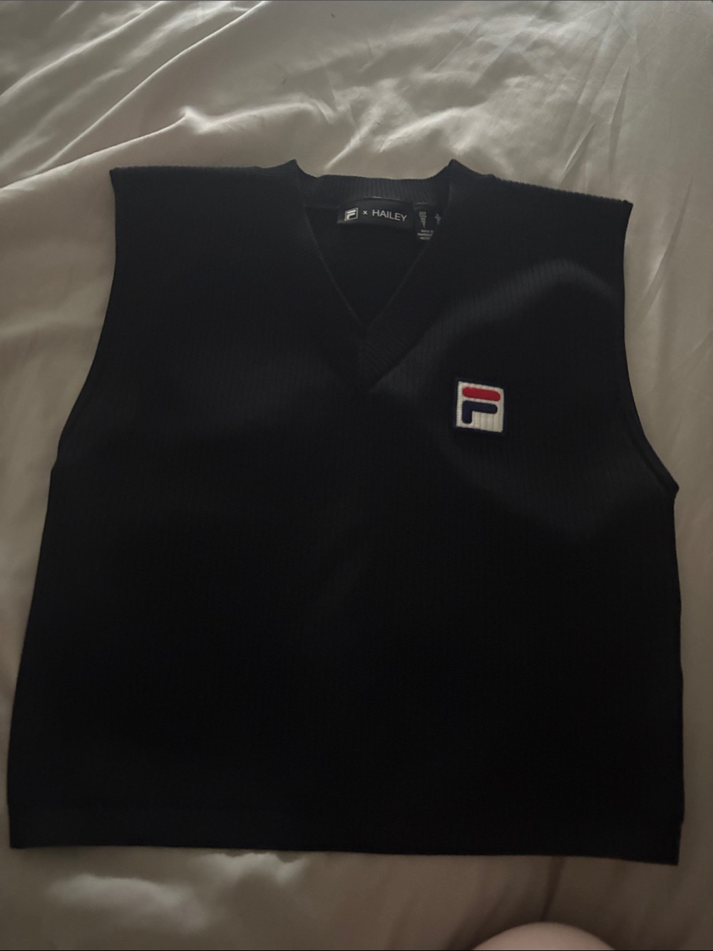 Fila Black Knit V-Neck Sleeveless Sweater Vest with Logo Patch